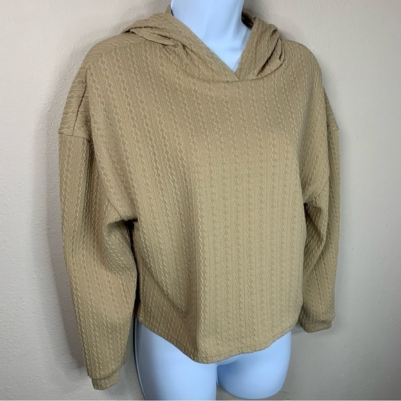Beige Cable Knit Cropped Hoodie One Step Up Long Sleeve Stretch - Picture 2 of 9